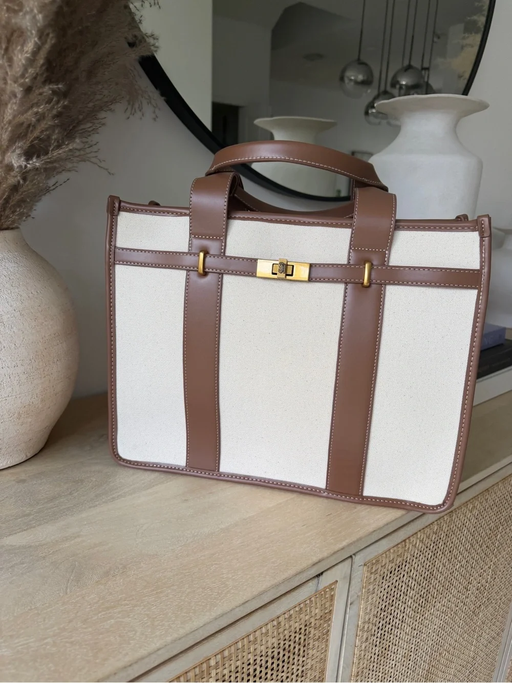 Steve Madden Cream Canvas and Brown Leather Structured Tote